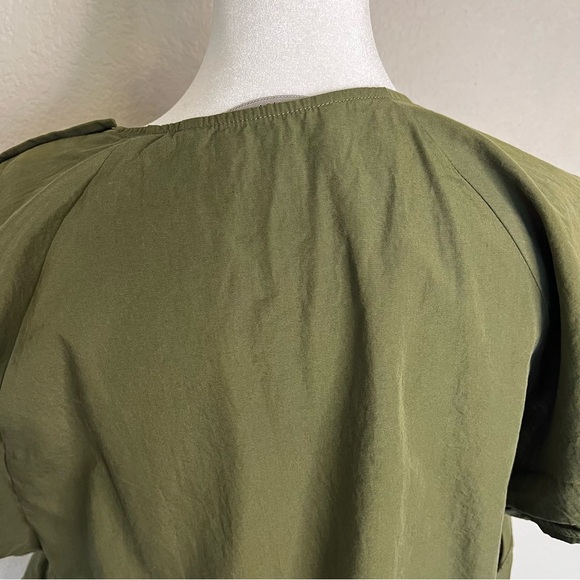 Zara Basic Olive Green Hi-Low Hem Short Sleeve Ruffle Shirt Blouse Size Medium - Picture 9 of 13